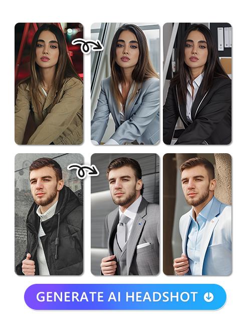 a woman and a man's photos transformed to headshots in 2 styles